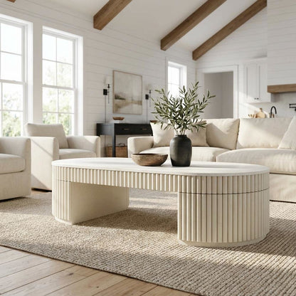Beige Oval Coffee Table with Acacia Wood Legs and MDF Frame for Living Room