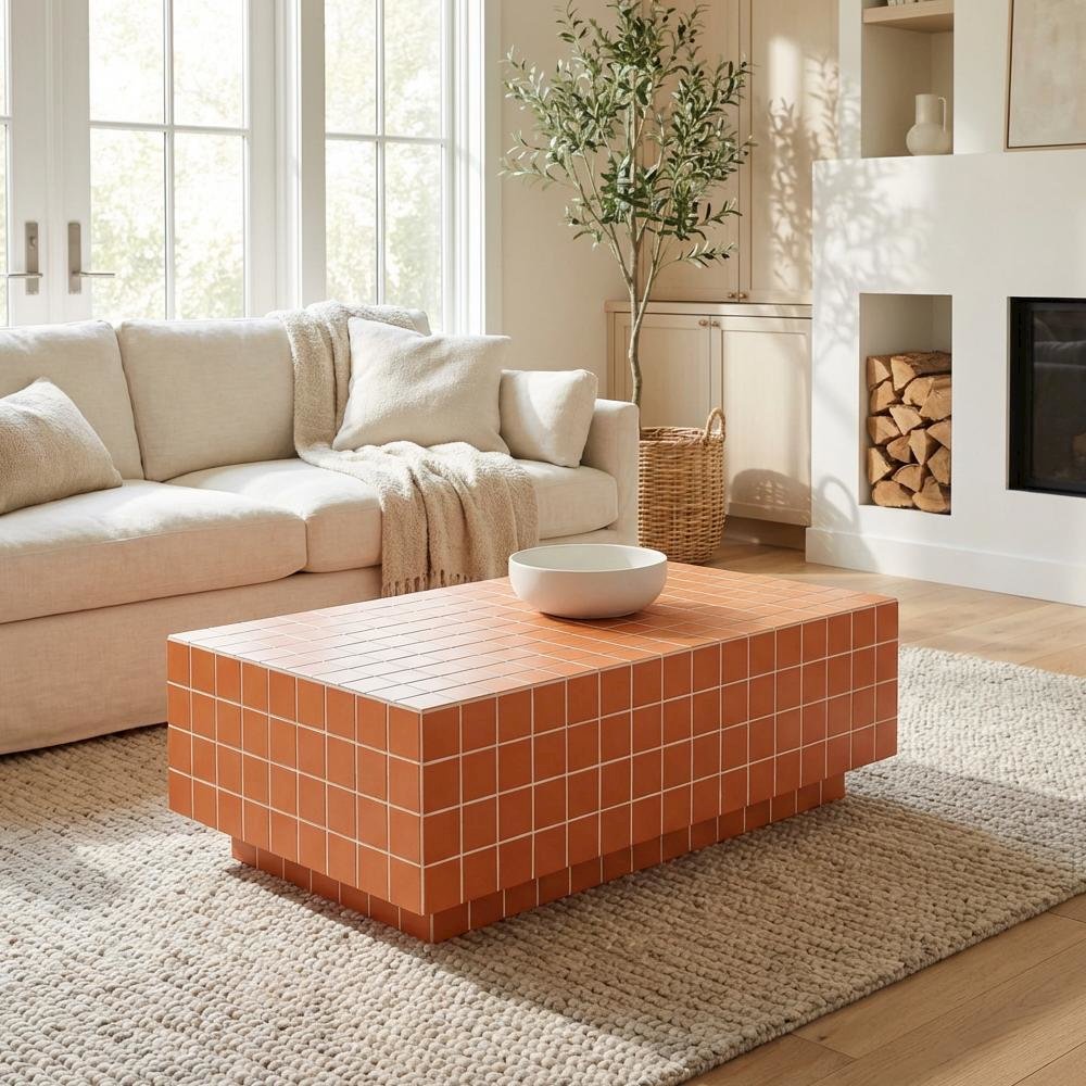 Orange Concrete Indoor Outdoor Coffee Table with Brick Legs and Durable Design