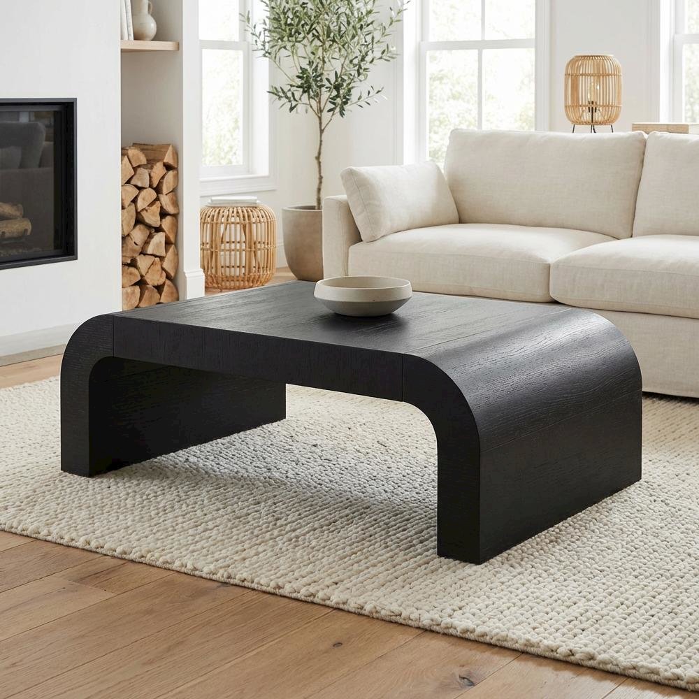 Black Coffee Table with Acacia Wood Legs and MDF Veneer Top for Living Room