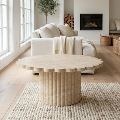 Gray Concrete Indoor Outdoor Coffee Table with Travertine Finish and Sturdy Legs