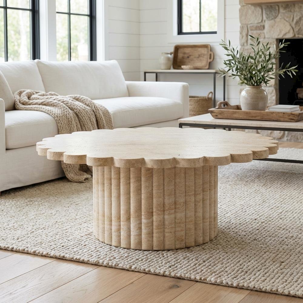 Gray Concrete Indoor Outdoor Coffee Table with Travertine Finish and Sturdy Legs