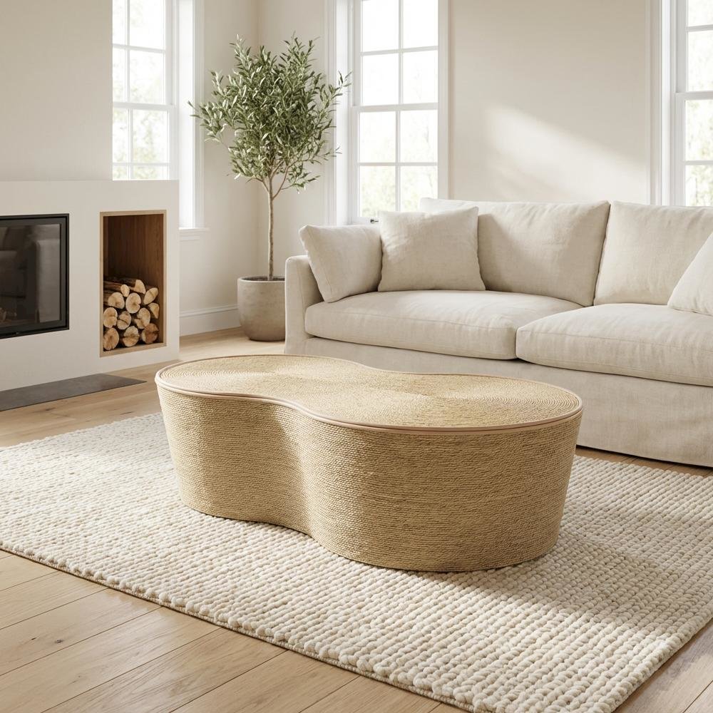 Brown Seagrass Coffee Table with MDF Top and Spacious Storage Surface
