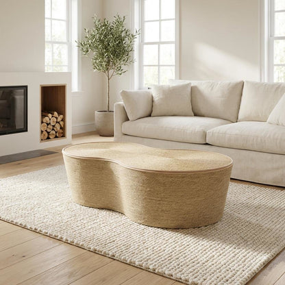 Brown Seagrass Coffee Table with MDF Top and Spacious Storage Surface