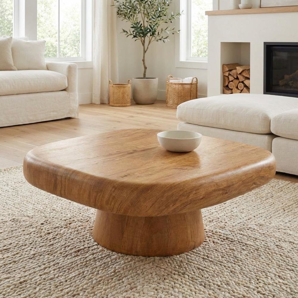 Brown Concrete Indoor Outdoor Coffee Table with Earth-toned Legs, Sturdy Design
