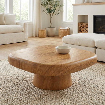 Brown Concrete Indoor Outdoor Coffee Table with Earth-toned Legs, Sturdy Design