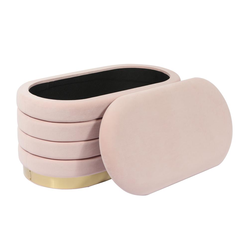 Pink velvet storage bench with gold legs, spacious seat and hidden storage