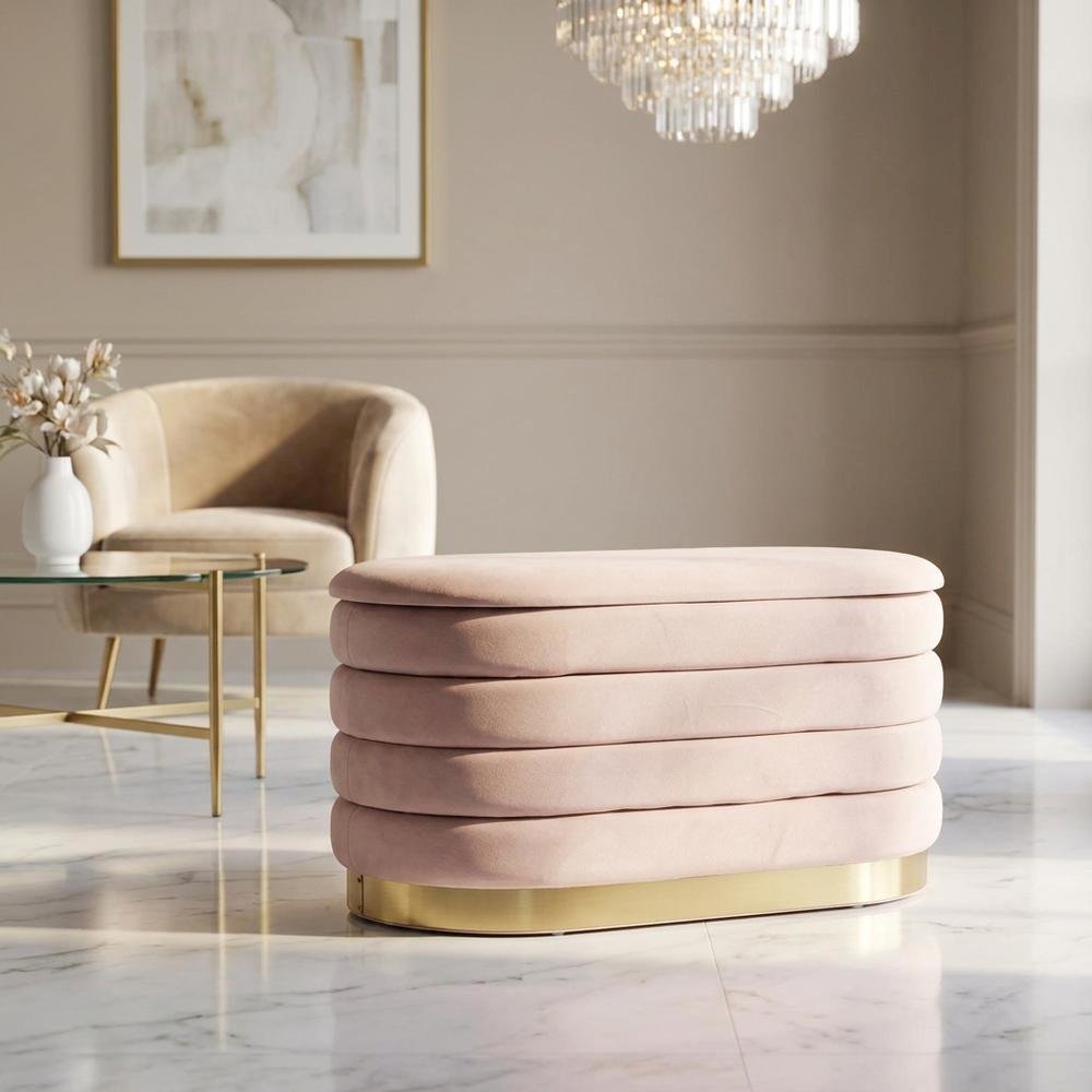 Pink velvet storage bench with gold legs, spacious seat and hidden storage