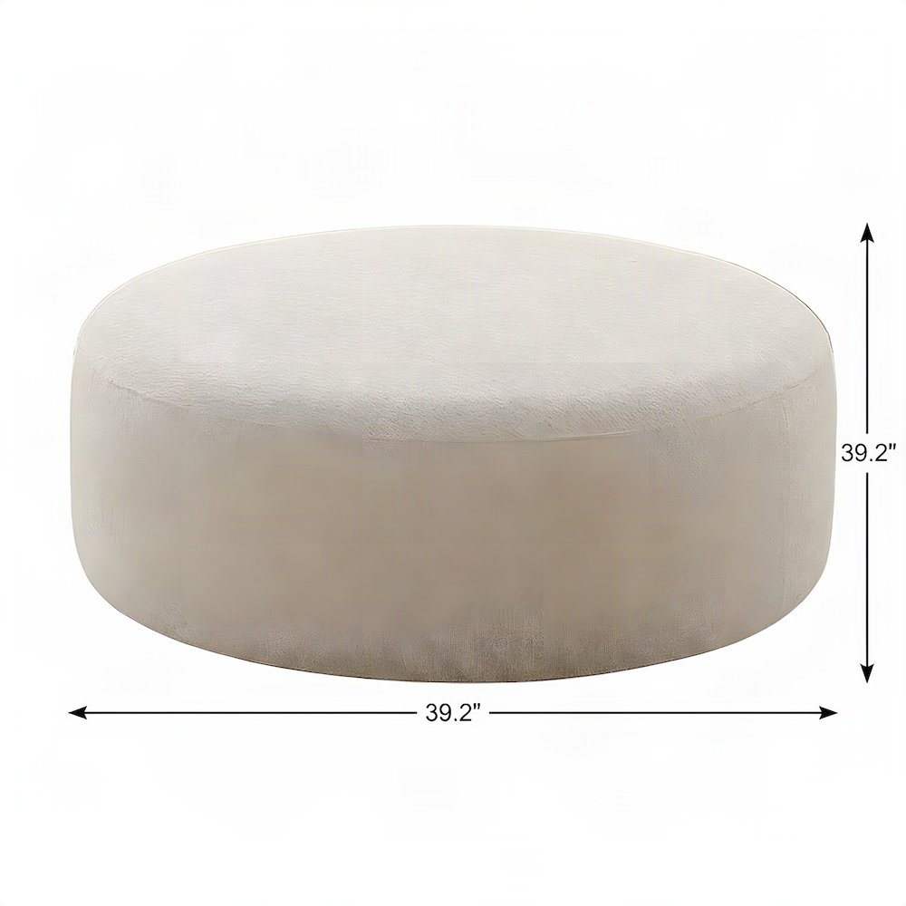 Linen-Upholstered Round Ottoman Foot Stool with Fiber-Wrapped Foam, Beige