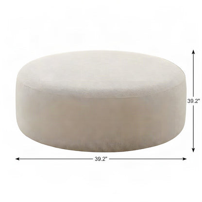 Linen-Upholstered Round Ottoman Foot Stool with Fiber-Wrapped Foam, Beige