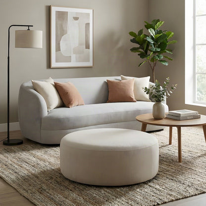 Linen-Upholstered Round Ottoman Foot Stool with Fiber-Wrapped Foam, Beige
