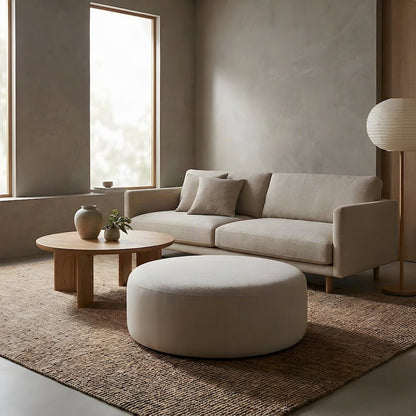 Linen-Upholstered Round Ottoman Foot Stool with Fiber-Wrapped Foam, Beige