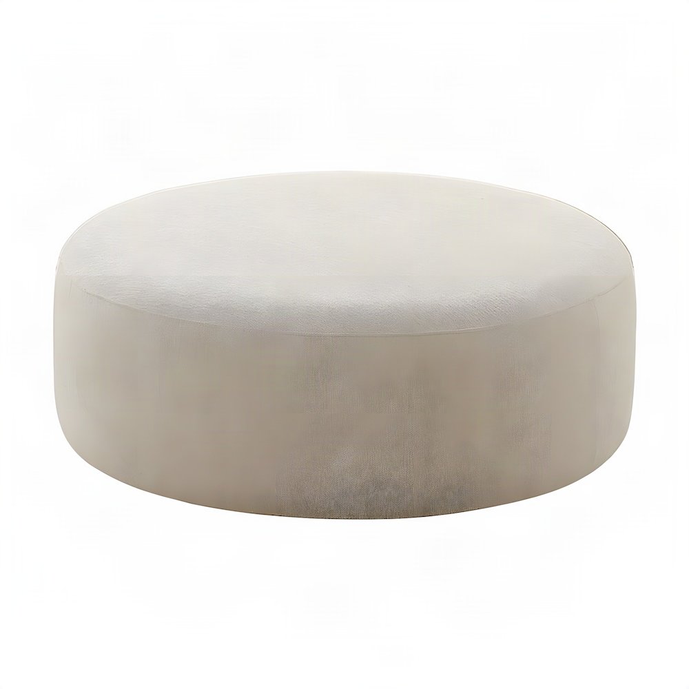Linen-Upholstered Round Ottoman Foot Stool with Fiber-Wrapped Foam, Beige