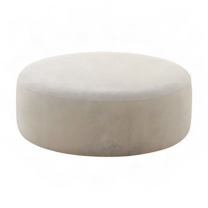 Linen-Upholstered Round Ottoman Foot Stool with Fiber-Wrapped Foam, Beige