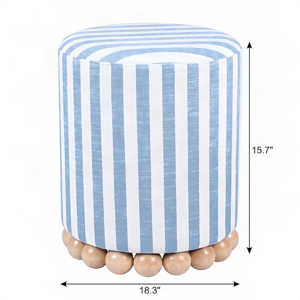 Striped Linen Ottoman with Rubberwood Legs and Foam Padded Seat, Blue