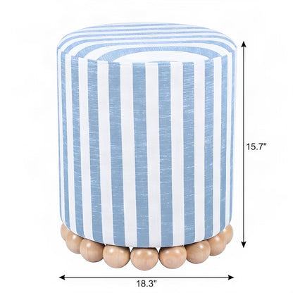 Striped Linen Ottoman with Rubberwood Legs and Foam Padded Seat, Blue