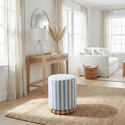 Striped Linen Ottoman with Rubberwood Legs and Foam Padded Seat, Blue