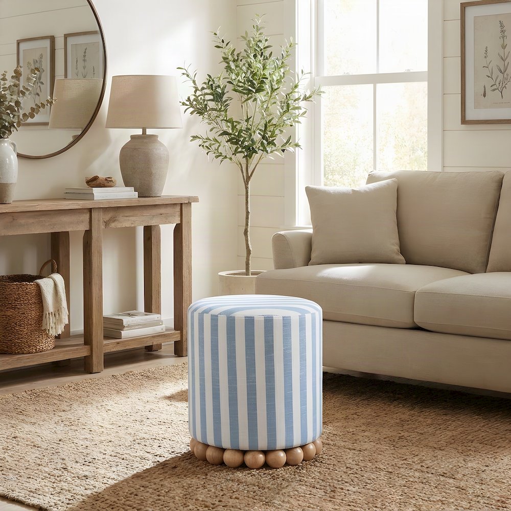 Striped Linen Ottoman with Rubberwood Legs and Foam Padded Seat, Blue