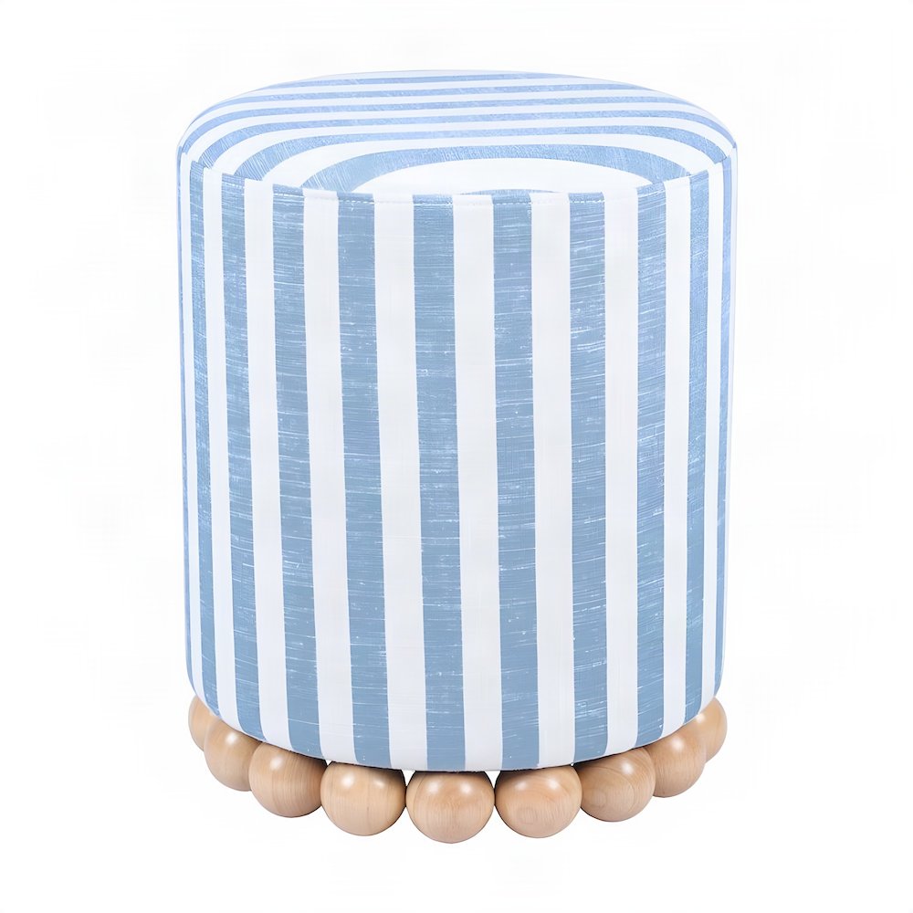 Striped Linen Ottoman with Rubberwood Legs and Foam Padded Seat, Blue