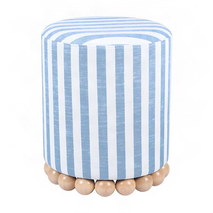 Striped Linen Ottoman with Rubberwood Legs and Foam Padded Seat, Blue