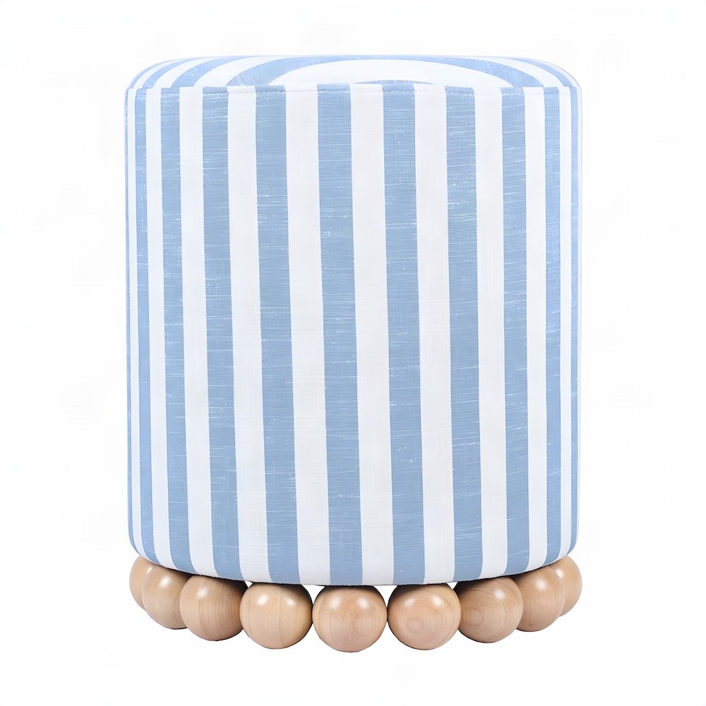 Striped Linen Ottoman with Rubberwood Legs and Foam Padded Seat, Blue