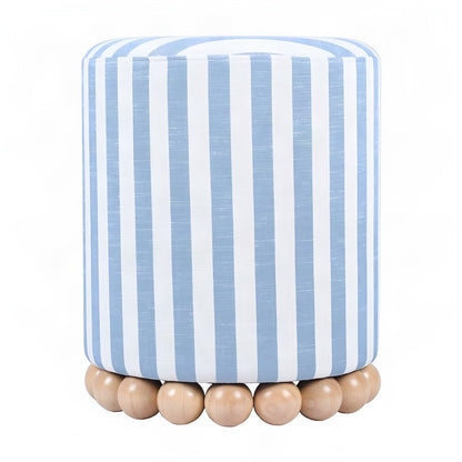 Striped Linen Ottoman with Rubberwood Legs and Foam Padded Seat, Blue