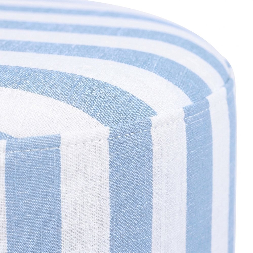 Striped Linen Ottoman with Rubberwood Legs and Foam Padded Seat, Blue