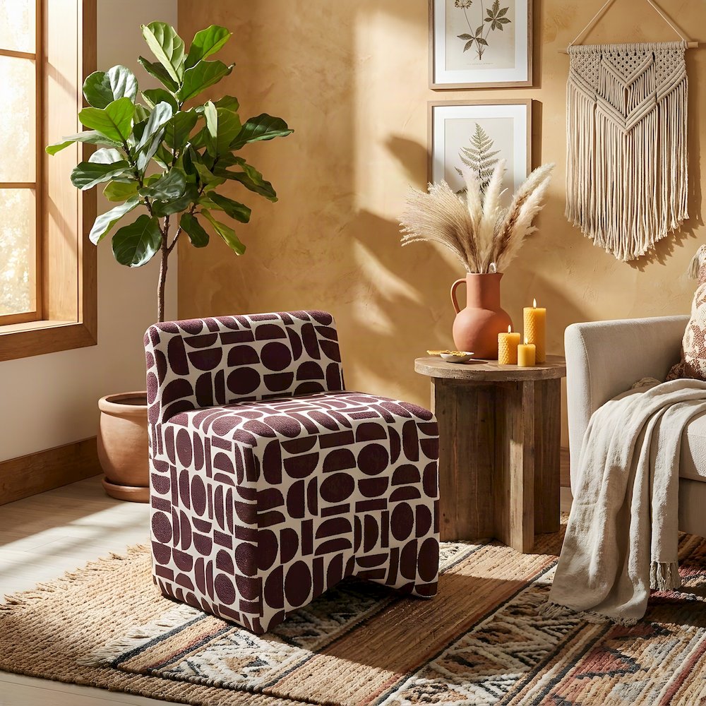 Jacquard-Woven Upholstered Stool with Sinuous Spring Support, Merlot