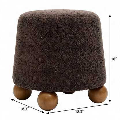 Boucle-Upholstered Footstool Ottoman with Plywood Support and Wood Legs, Brown
