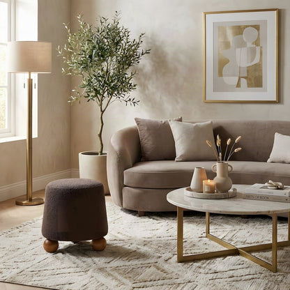 Boucle-Upholstered Footstool Ottoman with Plywood Support and Wood Legs, Brown
