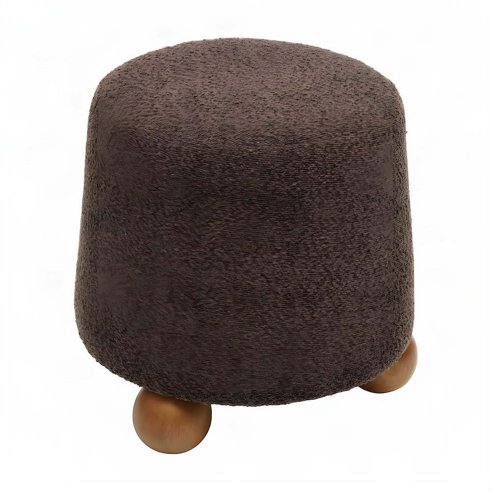 Boucle-Upholstered Footstool Ottoman with Plywood Support and Wood Legs, Brown