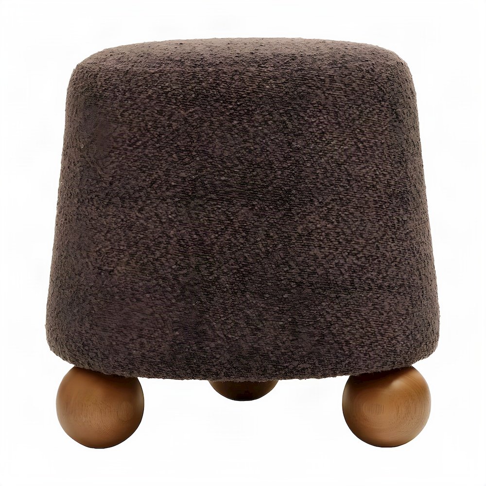 Boucle-Upholstered Footstool Ottoman with Plywood Support and Wood Legs, Brown