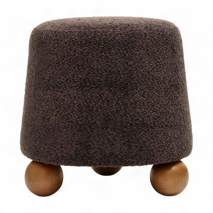 Boucle-Upholstered Footstool Ottoman with Plywood Support and Wood Legs, Brown
