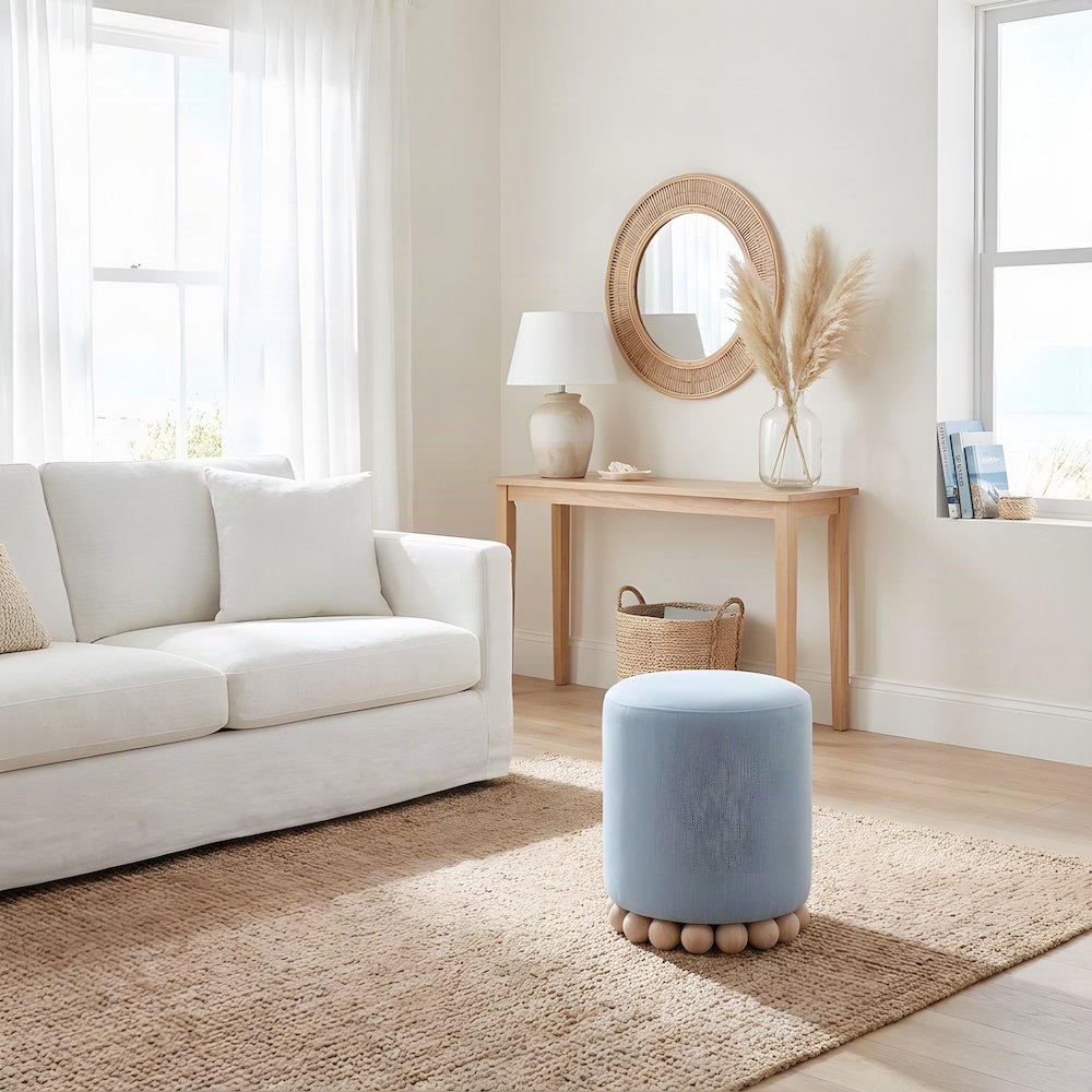Recycled Fabric Upholstered Ottoman, Small Foot Rest for Dorm, Faded Blue