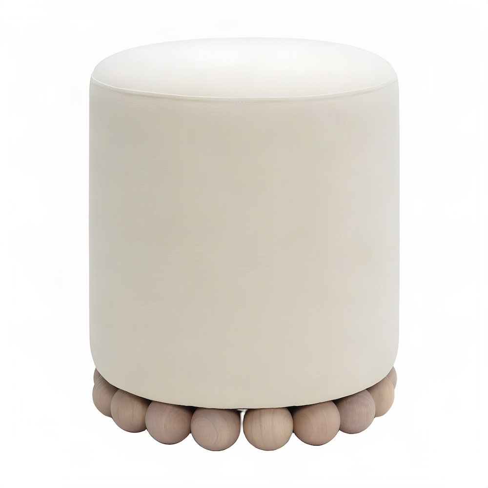 Upcycled Fabric Round Ottoman with D30 Foam Padded Seat, Foot Rest, Cream