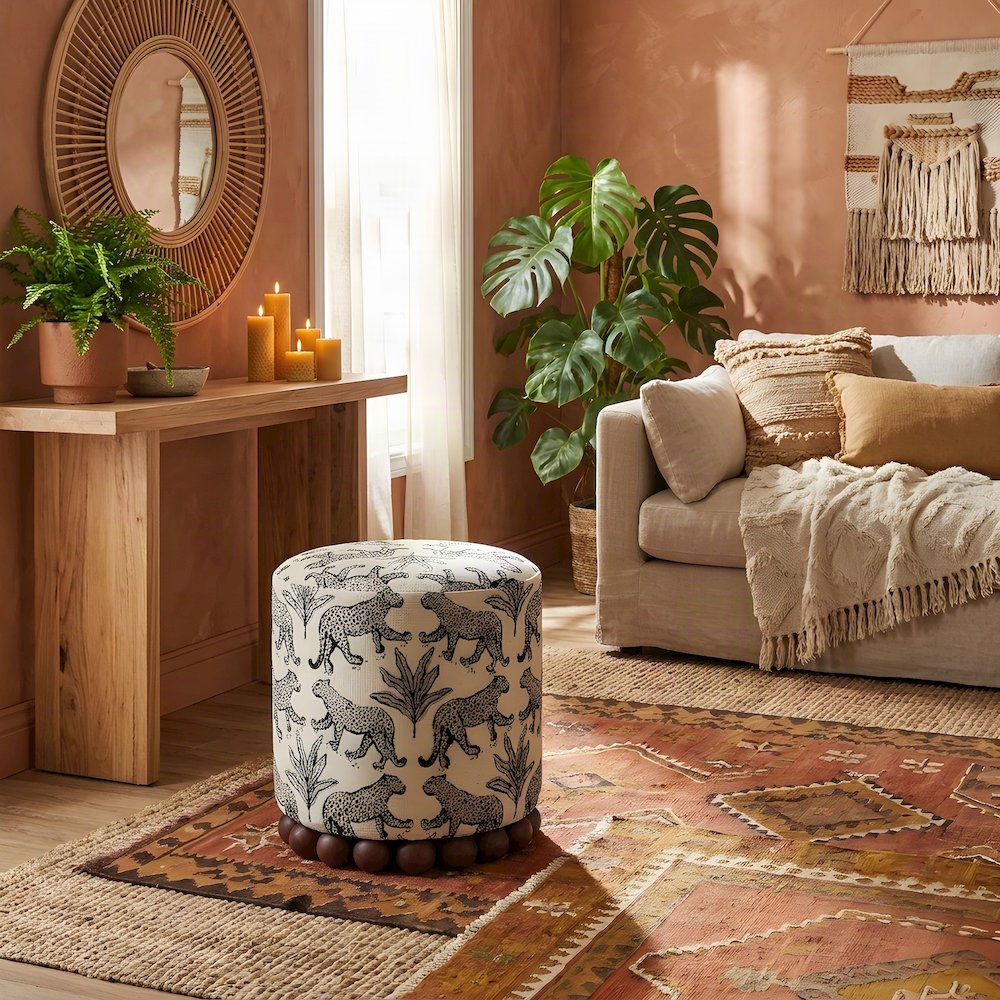 Leopard Jacquard-Upholstered Ottoman Footstool with Rubberwood Legs, Cream