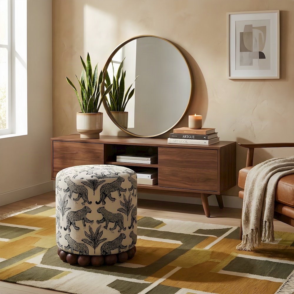 Leopard Jacquard-Upholstered Ottoman Footstool with Rubberwood Legs, Cream