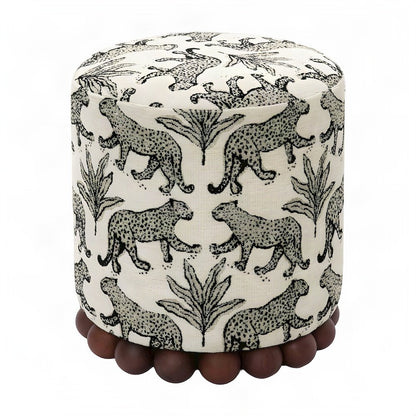 Leopard Jacquard-Upholstered Ottoman Footstool with Rubberwood Legs, Cream