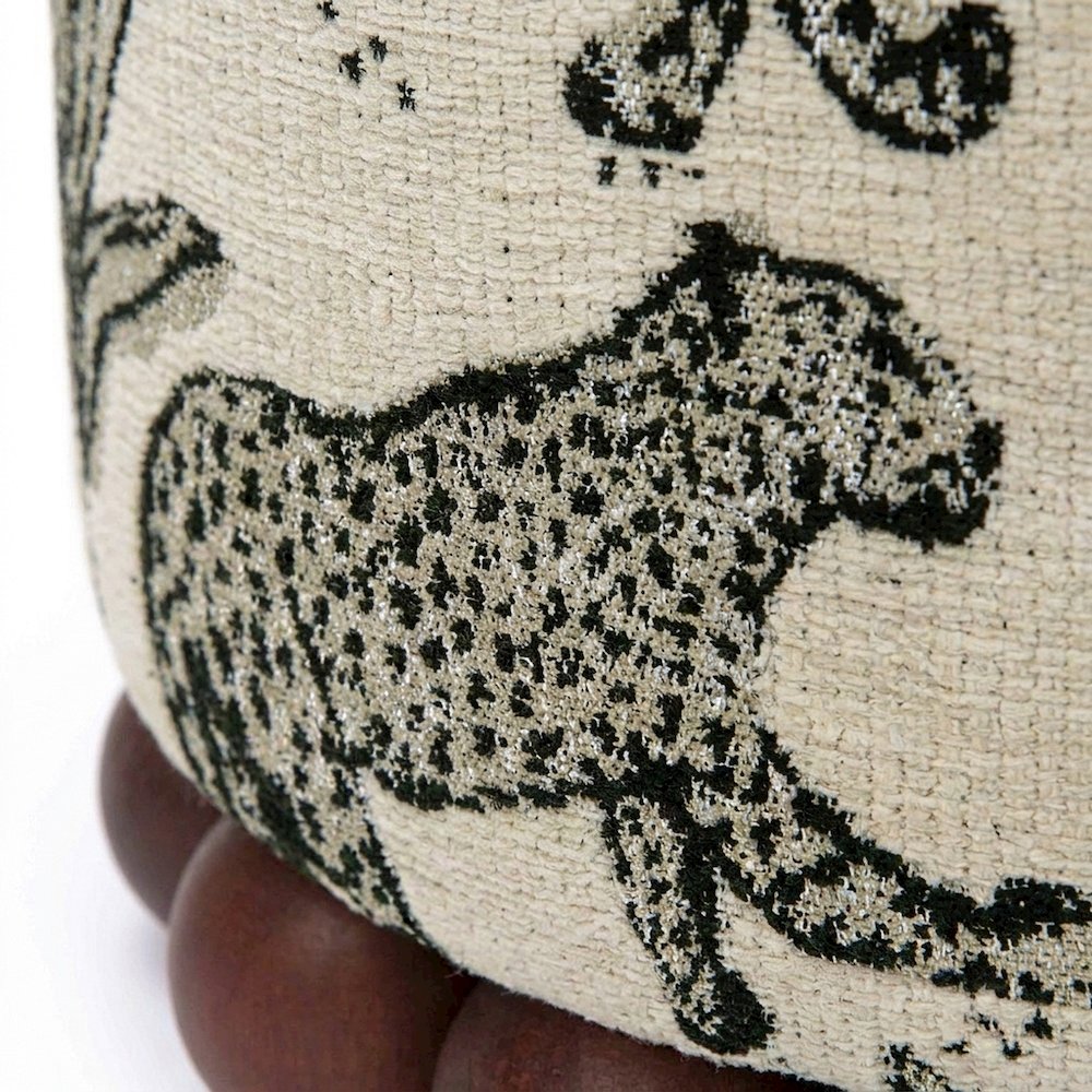 Leopard Jacquard-Upholstered Ottoman Footstool with Rubberwood Legs, Cream
