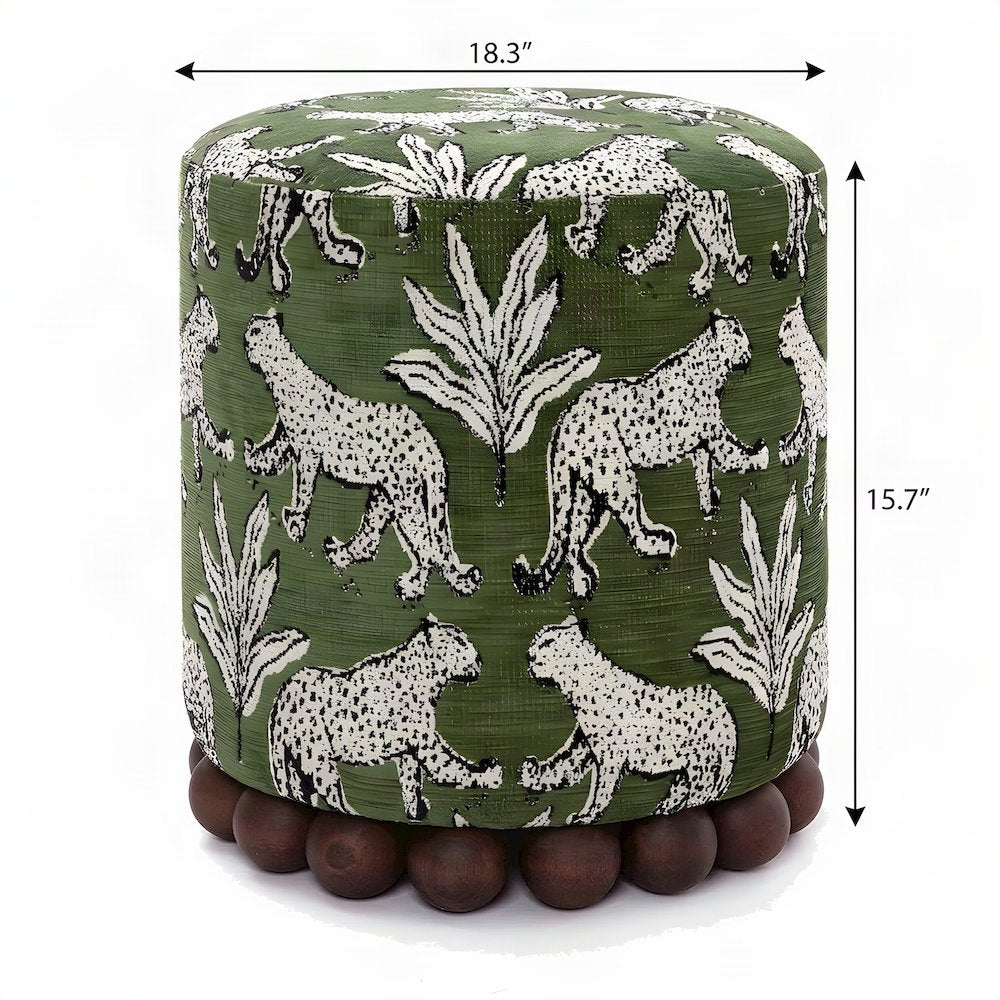 Jacquard Fabric Ottoman with Leopard-Patterned Upholstered Stool, Olive Green