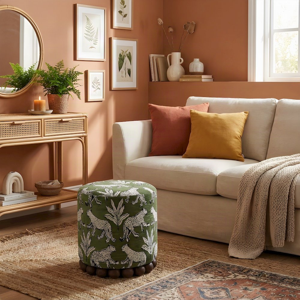 Jacquard Fabric Ottoman with Leopard-Patterned Upholstered Stool, Olive Green