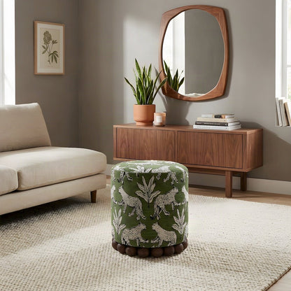 Jacquard Fabric Ottoman with Leopard-Patterned Upholstered Stool, Olive Green