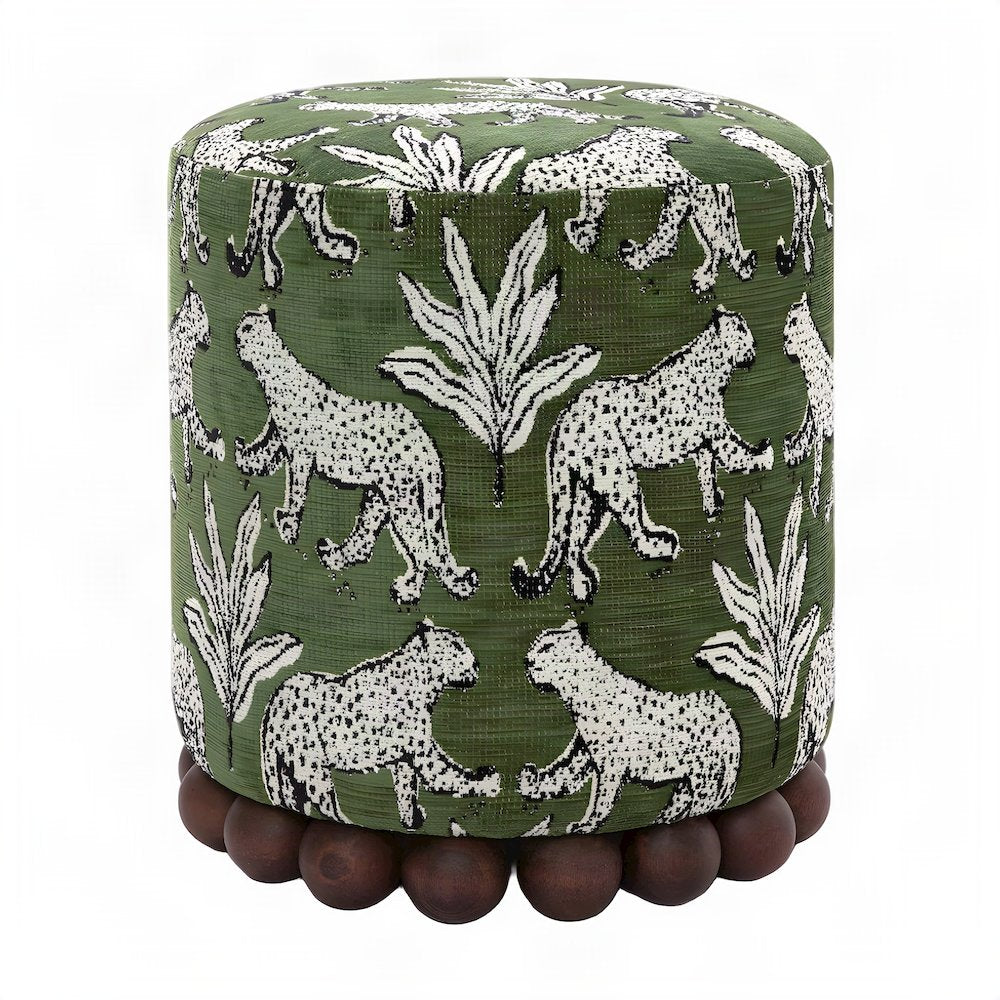 Jacquard Fabric Ottoman with Leopard-Patterned Upholstered Stool, Olive Green