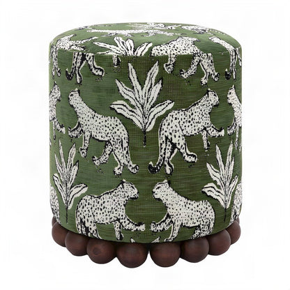Jacquard Fabric Ottoman with Leopard-Patterned Upholstered Stool, Olive Green