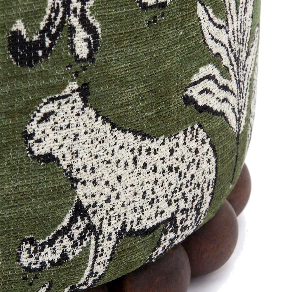 Jacquard Fabric Ottoman with Leopard-Patterned Upholstered Stool, Olive Green