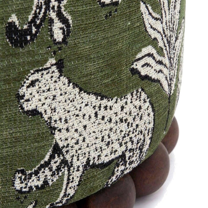 Jacquard Fabric Ottoman with Leopard-Patterned Upholstered Stool, Olive Green