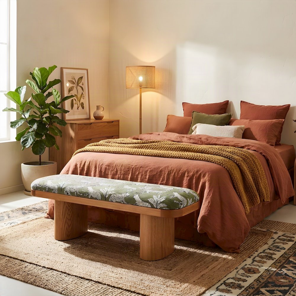 Leopard Jacquard Upholstered Ottoman and End of Bed Bench, Olive Green
