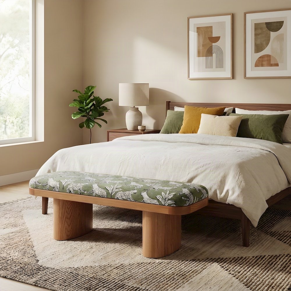 Leopard Jacquard Upholstered Ottoman and End of Bed Bench, Olive Green