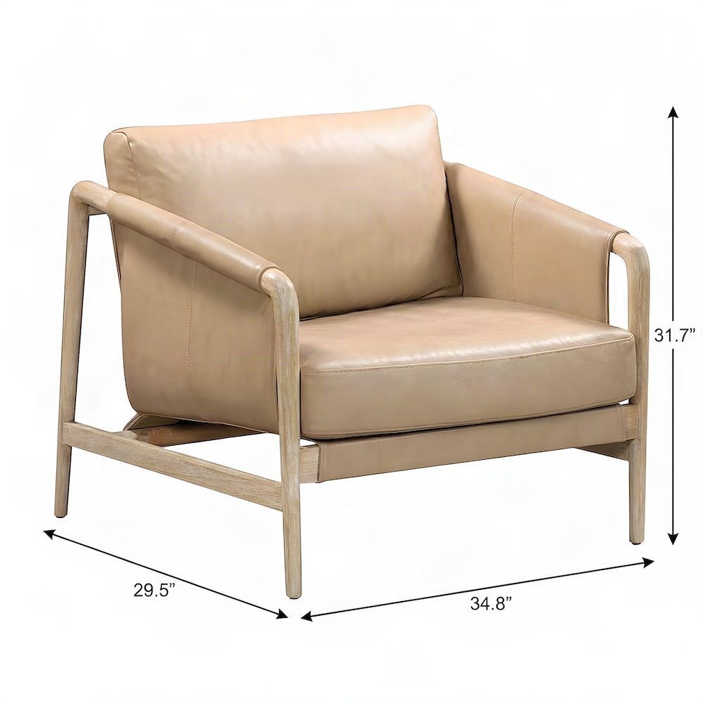 Genuine Leather Accent Chair with Feather-Fill and Rubberwood Legs, Tan,White