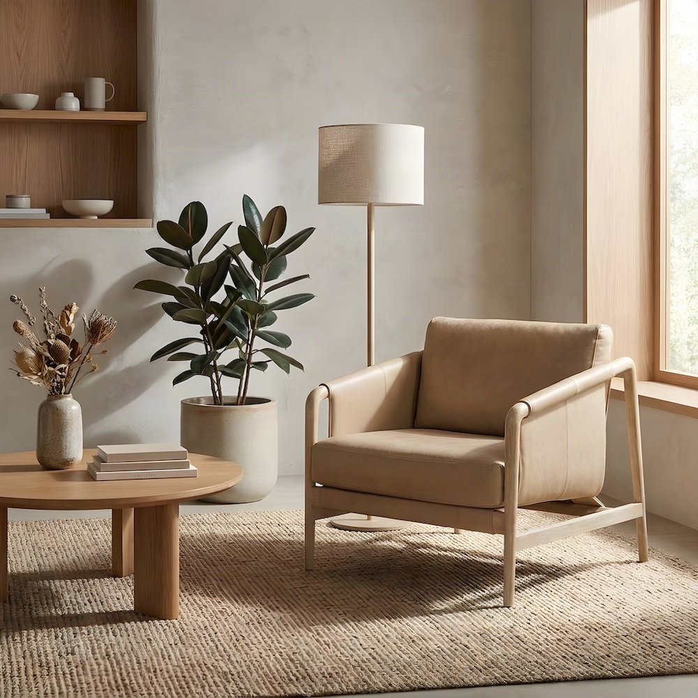 Genuine Leather Accent Chair with Feather-Fill and Rubberwood Legs, Tan,White