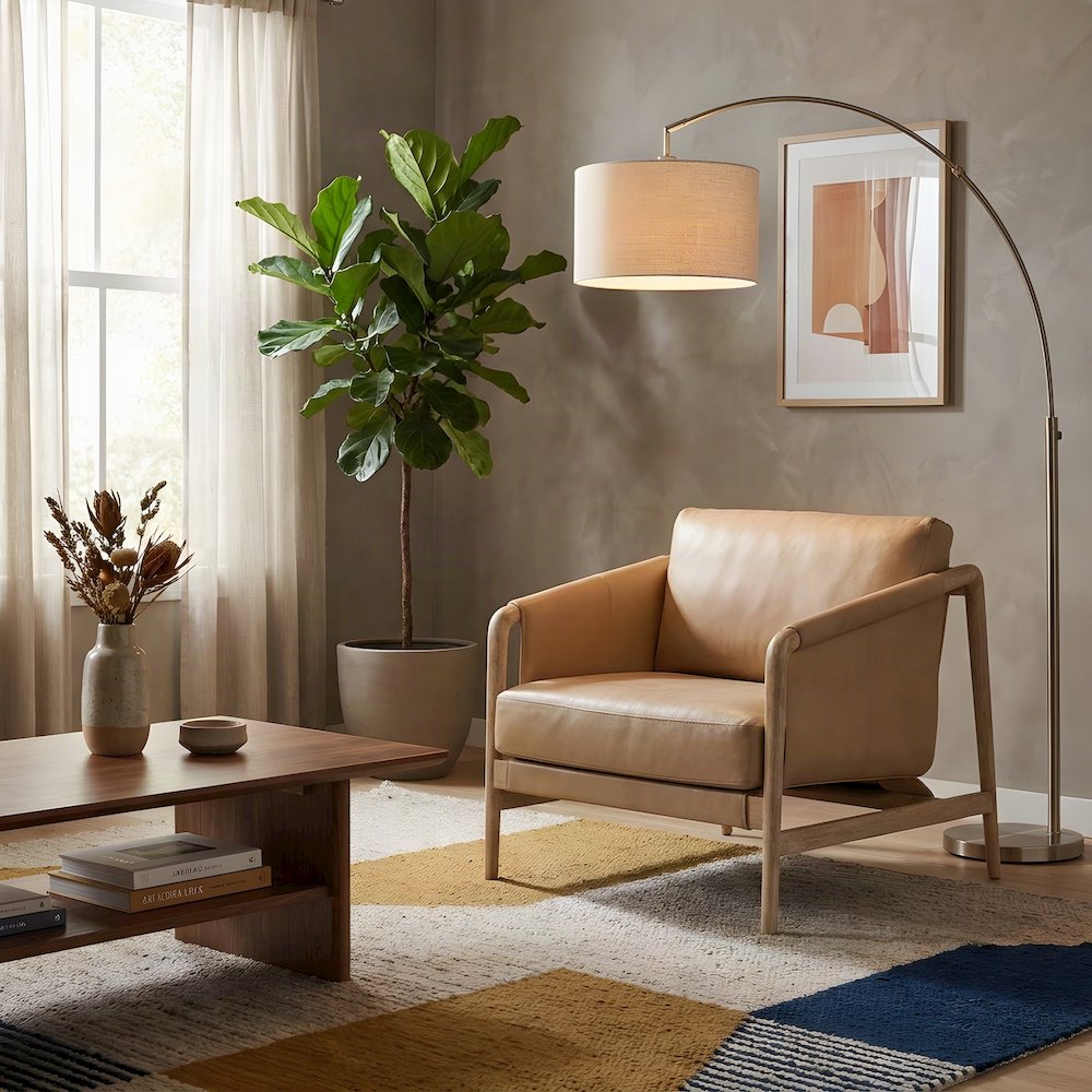 Genuine Leather Accent Chair with Feather-Fill and Rubberwood Legs, Tan,White